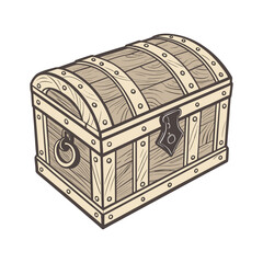 Vintage Wooden Treasure Chest with Lock, Hand Drawn Vector Illustration of Closed Pirate Chest, Antique Storage Box Isolated on White Background