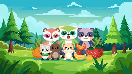 cartoon, animal, illustration, vector, sky, tree, nature, grass, baby, animals, zoo, flower, green, cloud