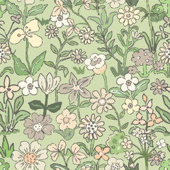 Cute doodle flowrer and leaf on green background seamless pattern