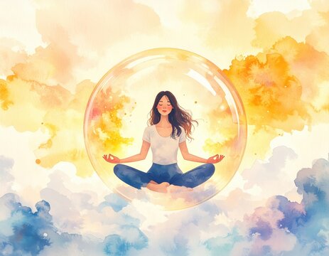 Meditation woman in bubble mindfulness zen peace spiritual practice wellness self care mental health focus calm mind - Powered by Adobe