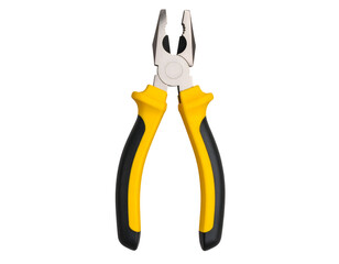 Yellow handled pliers isolated on black background