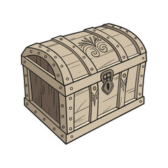 Vintage Wooden Treasure Chest with Lock, Hand Drawn Vector Illustration of Closed Pirate Chest, Antique Storage Box Isolated on White Background