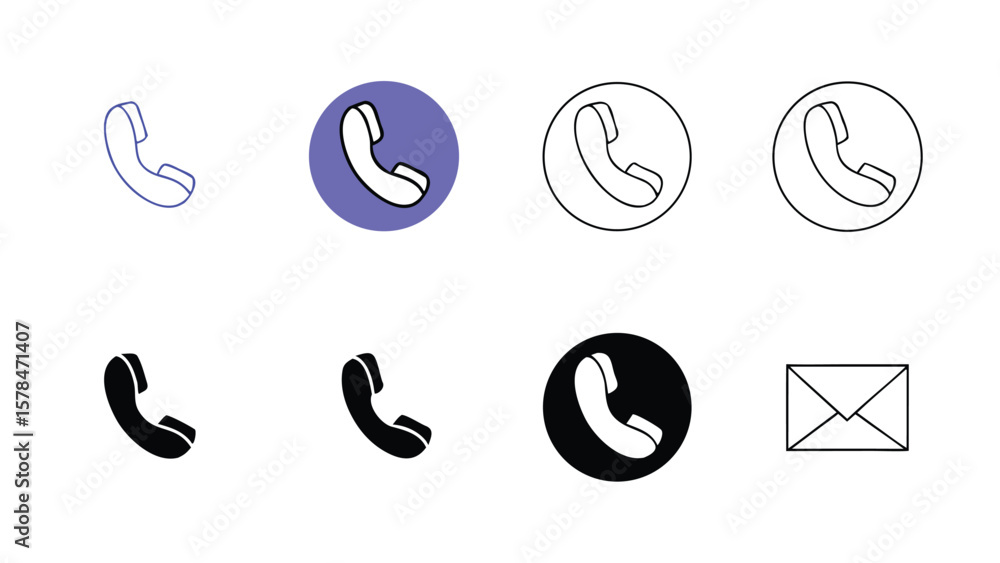 Poster phone and mail icon set in outlined and solid circular styles with modern flat minimal design