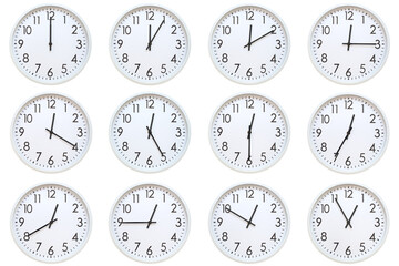 A set of 12 white analog wall clocks showing each hour from 00:00 to 00:55 or 12:00 to 12:55. Isolated on white background, suitable for time concept.
