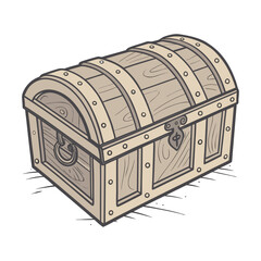 Vintage Wooden Treasure Chest with Lock, Hand Drawn Vector Illustration of Closed Pirate Chest, Antique Storage Box Isolated on White Background