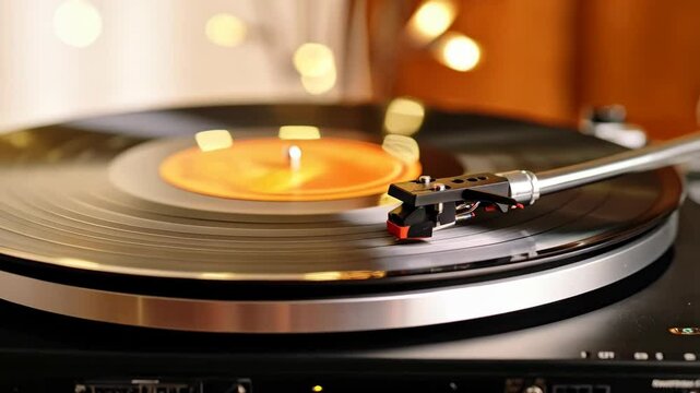 Close-up of vintage vinyl record spinning on record player with a red-orange label, illuminated by soft light