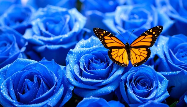 Close-up macro photography of vibrant blue roses adorned with fresh dew drops, as a charming butterfly flutters gracefully nearby, bathed in soft natural light. - Powered by Adobe