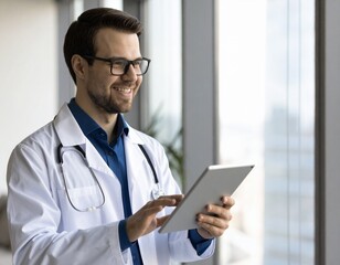 Happy young Caucasian doctor man in stylish eyeglasses and white coat typing on digital gadget, using tablet fir online medical communication, chatting with patients, looking away, smiling, laughing