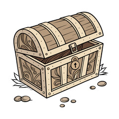 Vintage Wooden Treasure Chest with Lock, Hand Drawn Vector Illustration of Closed Pirate Chest, Antique Storage Box Isolated on White Background