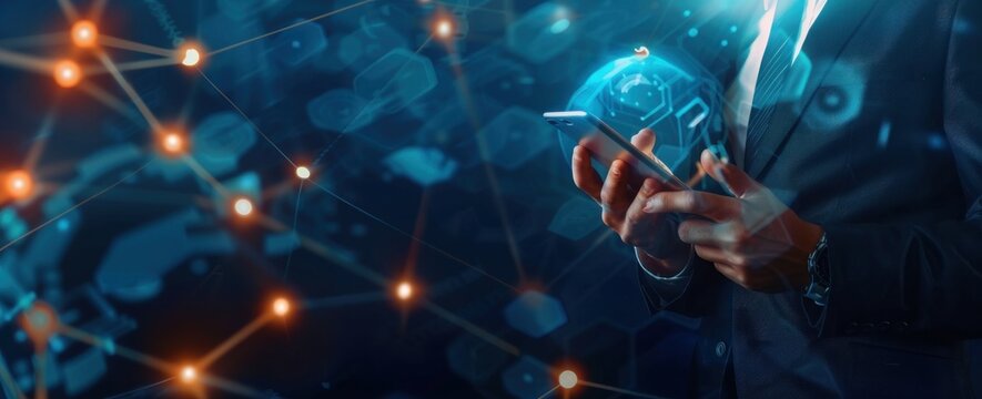 Sophisticated connection: Businessman using smartphone for global digital network - Powered by Adobe