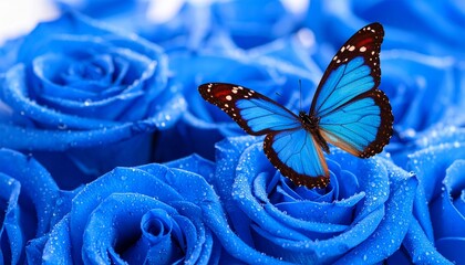 Close-up macro photography of vibrant blue roses adorned with fresh dew drops, as a charming butterfly flutters gracefully nearby, bathed in soft natural light.