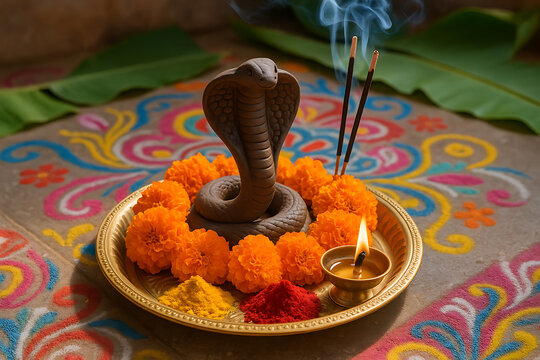 Nag Panchami festival offering with clay cobra idol, marigold flowers, incense sticks and diya on rangoli background - Powered by Adobe
