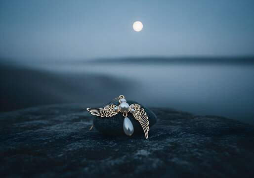 Golden ornament with pearl and wings placed on a dark, rocky surface, with a faint mist rolling in, under a full moon, creating an eerie atmosphere.