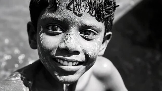 A young boy enjoying a day of play at the riverbank, with mud smeared on his face from washing hands in the water. The image captures a sense of joy and exploration.