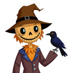Whimsical scarecrow with a stitched face and a friendly crow perched on its arm