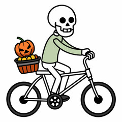 Naklejka premium Skeleton riding a bicycle with a pumpkin basket a fun halloween illustration