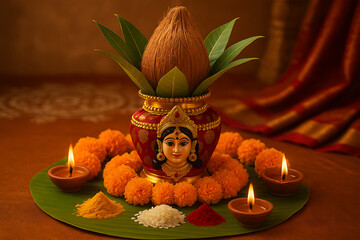 Traditional Varalakshmi Vratam Kalash with coconut, diya, and marigold flowers on banana leaf