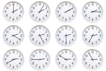A set of 12 white analog wall clocks showing each hour from 02:00 to 02:55 or 14:00 to 14:55. Isolated on white background, suitable for time concept.