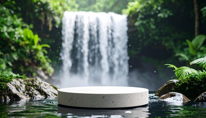 Tranquil platform by jungle waterfall backdrop