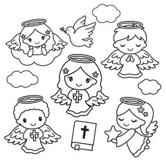 Cute children baptism angel outline drawing vector illustration. Boy and girl angels with cross and bible.