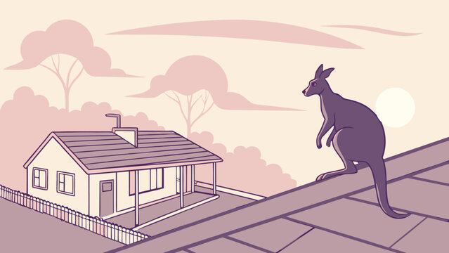 A kangaroo standing on a rooftop with a house and trees in the background under a light sky view scene