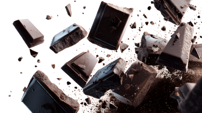 A close up of chocolate pieces scattered on a white background