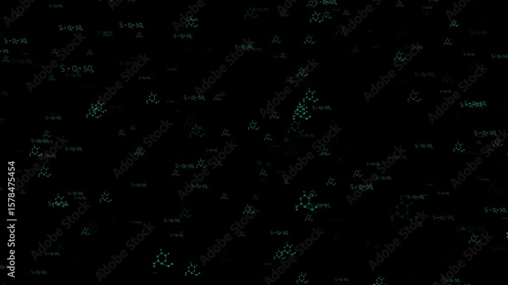 Poster animated chemical formulae and molecular structures float and move across a black background