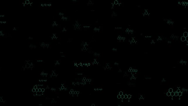 A black background filled with animated chemical formulas, including H2O and other complex molecules. This animation could be used for educational purposes, as a visual aid for studying chemistry