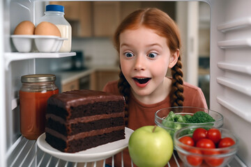 Surprised Red-Haired Girl Discovering Chocolate Cake in Refrigerator. Fresh Produce and Dessert Contrast