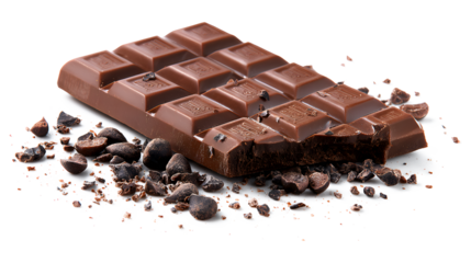 A chocolate bar with chocolate chips on top and a bite taken out of it