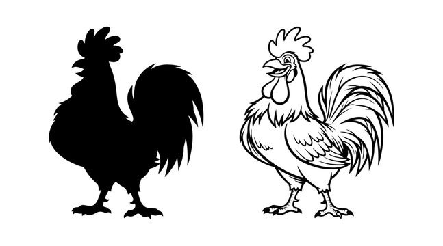 A versatile set featuring two styles of roosters: a bold black silhouette and a detailed line art illustration of a crowing rooster. Ideal for farm-themed designs, logos, or as a symbol.