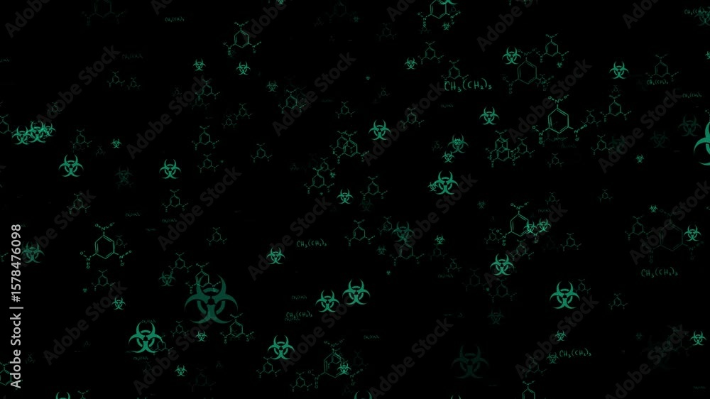 Poster this video features a seamless loop of biohazard symbols and chemical formulas floating on a black b