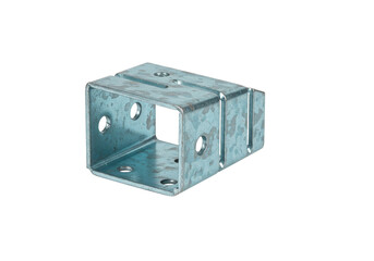 Obraz premium A galvanized metal square bracket with holes on a white background in a studio shot