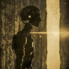 retro robot transforming into human silhouette sepia to neon on transition