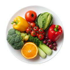 A plate of fresh vegetables and fruits including broccoli, bell peppers, tomatoes, grapes, an orange, and cabbage. PNG, cutout isolated on transparent background.
