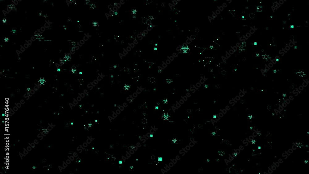Poster a video of animated green biohazard symbols on a black background. the symbols are various shapes an