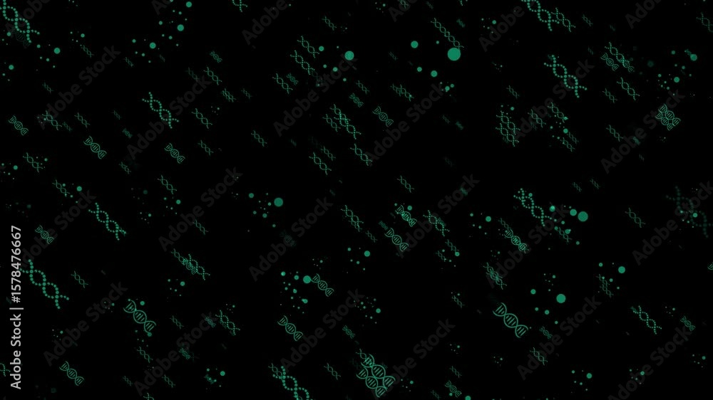 Poster this animation features green dna symbols moving across a black background. this loop is perfect for