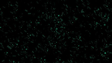 An animation of green DNA strands and particles falling on a black background - Powered by Adobe