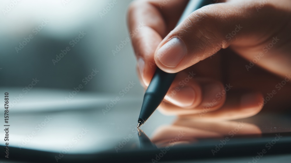 Poster digital pen creating a handwritten message on a tablet while the upper half remains vacant and ready