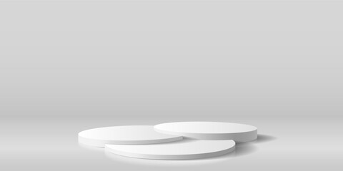 3D white podium of three cylinders. Realistic lighting.