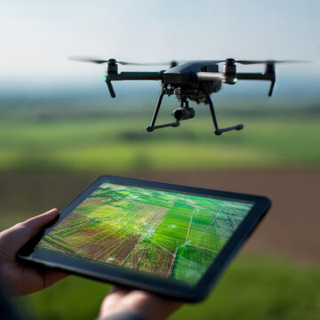 Drone or quadcopter with camera 3d scanning land. Drone fly over landscape and make geological mapping of the field. Landforms display on digital tablet in hands. Modern agricultural technology