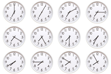 A set of 12 white analog wall clocks showing each hour from 07:00 to 07:55 or 19:00 to 19:55. Isolated on white background, suitable for time concept.