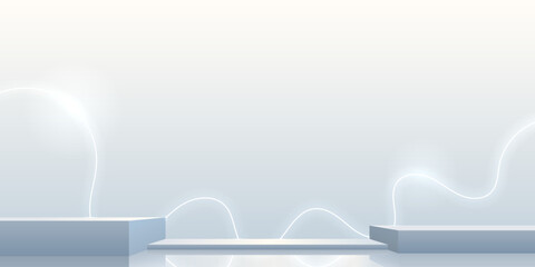 3D realistic scene with a podium and a wavy neon line in light colors.