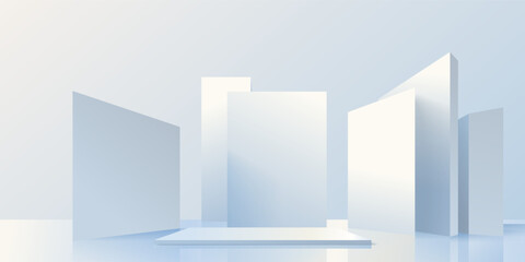 3D realistic scene with a flat podium surrounded by square figures.