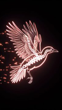 Neon glowing bird with visible skeleton flying on black background. Halloween animation