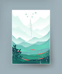 Abstract landscape in oriental style in turquoise tones.