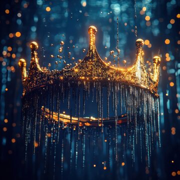 surreal combination of AI code dripping from a golden business crown in a dark conceptual void