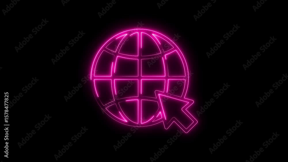 Aufkleber glowing pink neon globe with cursor animation on dark background represents internet and web