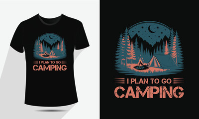 Minimal Line Art Camping and Mountain T-Shirt Design – Vector Outdoor Adventure Graphic with Tent, Campfire, Trees, and Moon – Vintage Hiking Badge for Apparel