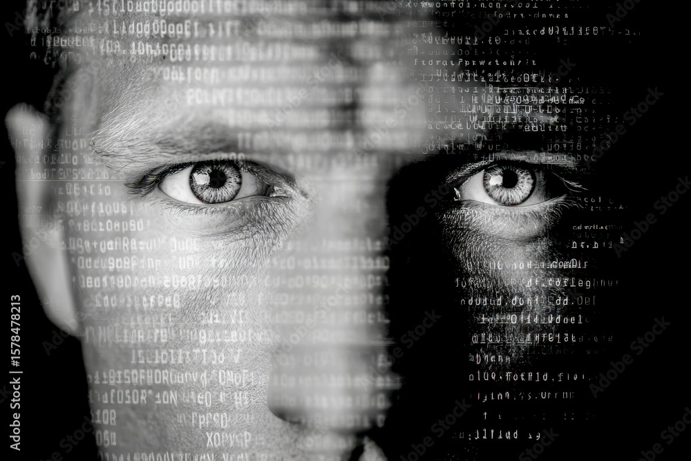 Poster human face overlaid with digital code symbolizing technology and data integration